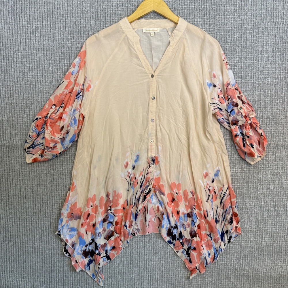 GrandAndGreene Floral Button Tunic Top Sz L Roll Tab Cottage Coastal Sharkbite